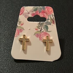 Gold-Tone/Sparkling Stone Cross Earrings